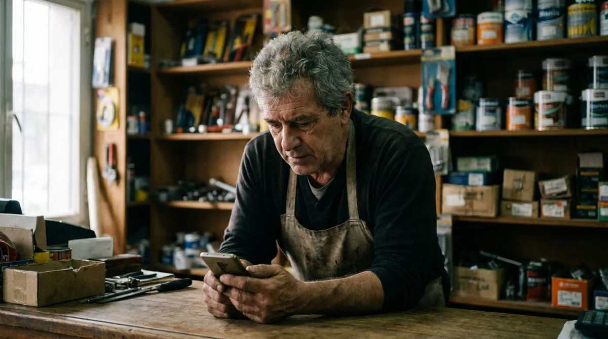 Dueño de una ferretería de barrio revisando su celular detrás del mostrador