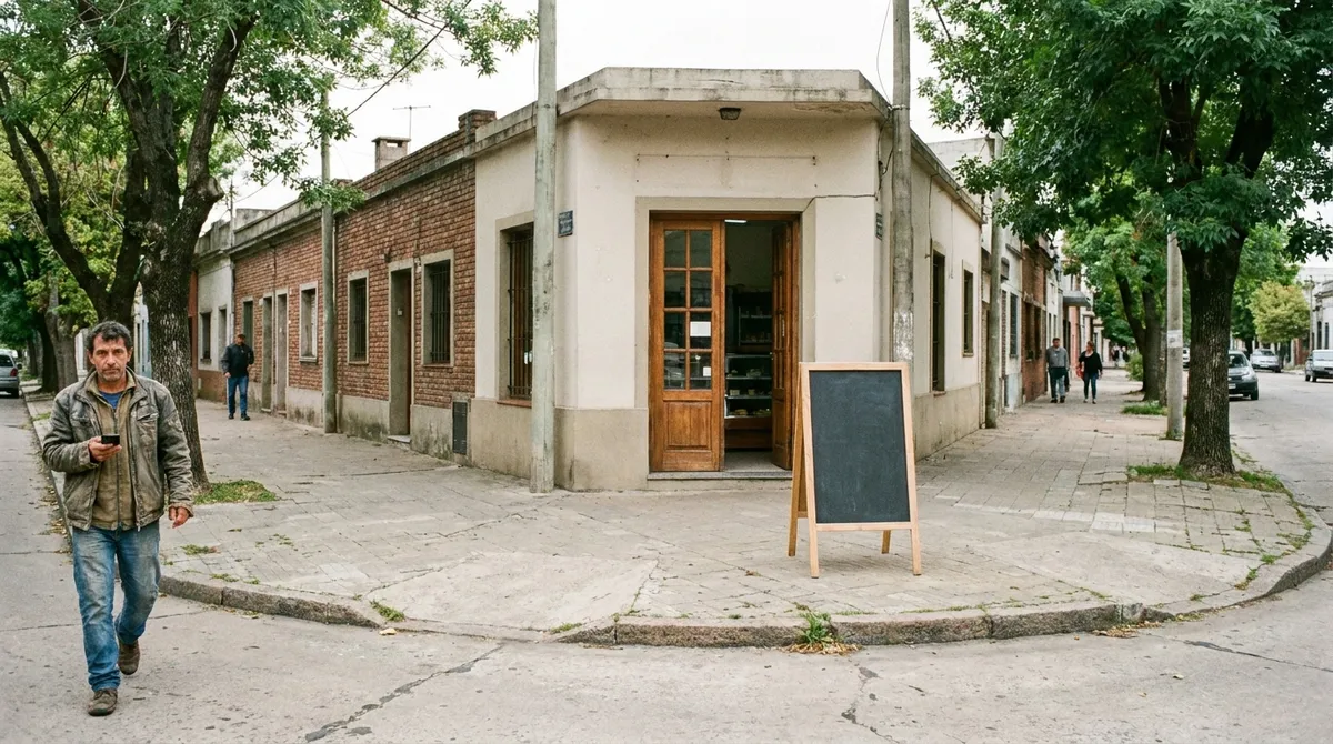 Esquina de barrio en Montevideo con una panadería y un vecino mirando el celular