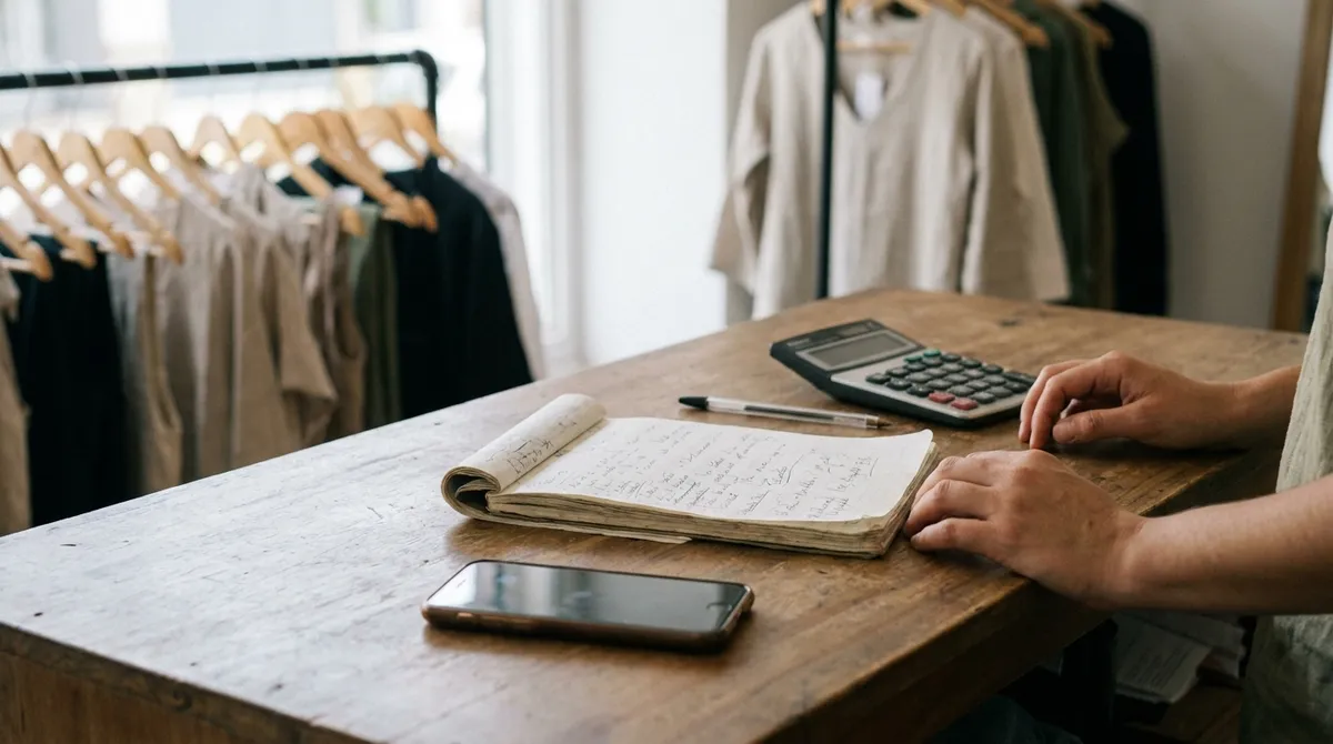Mostrador de una tienda de ropa con un cuaderno de notas, calculadora y celular