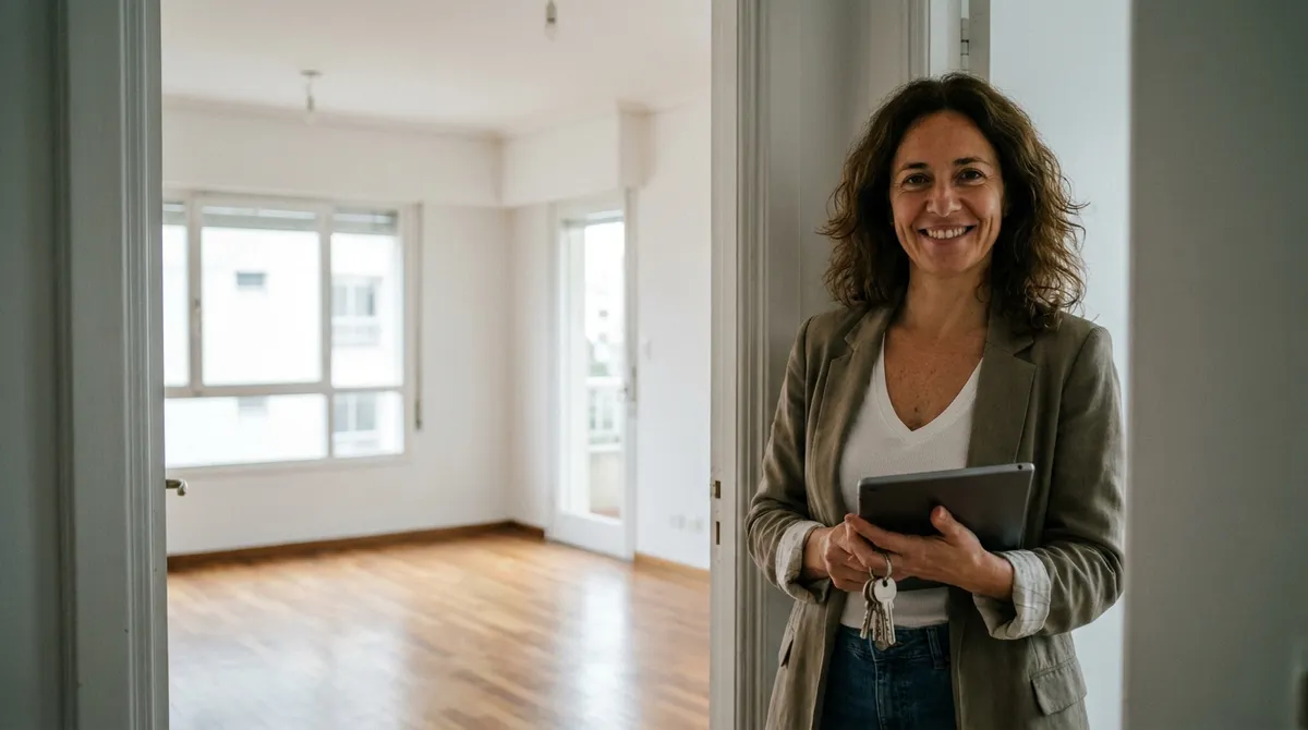 Agente inmobiliaria en la puerta de un apartamento con llaves y tablet
