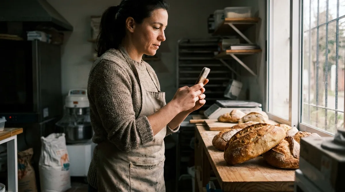 Dueña de una panadería sacando fotos de sus productos con el celular
