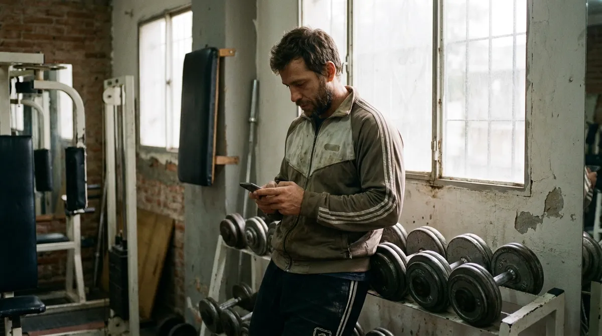 Entrenador personal en un gimnasio de barrio mirando el celular