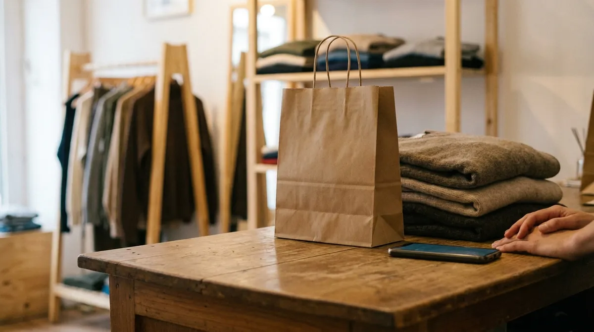 Mostrador de una tienda de ropa con una bolsa de compra lista y el celular al lado