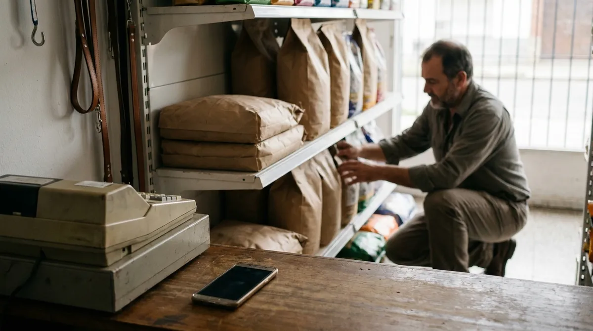 Mostrador de un pet shop con el celular junto a la caja mientras el dueño repone mercadería
