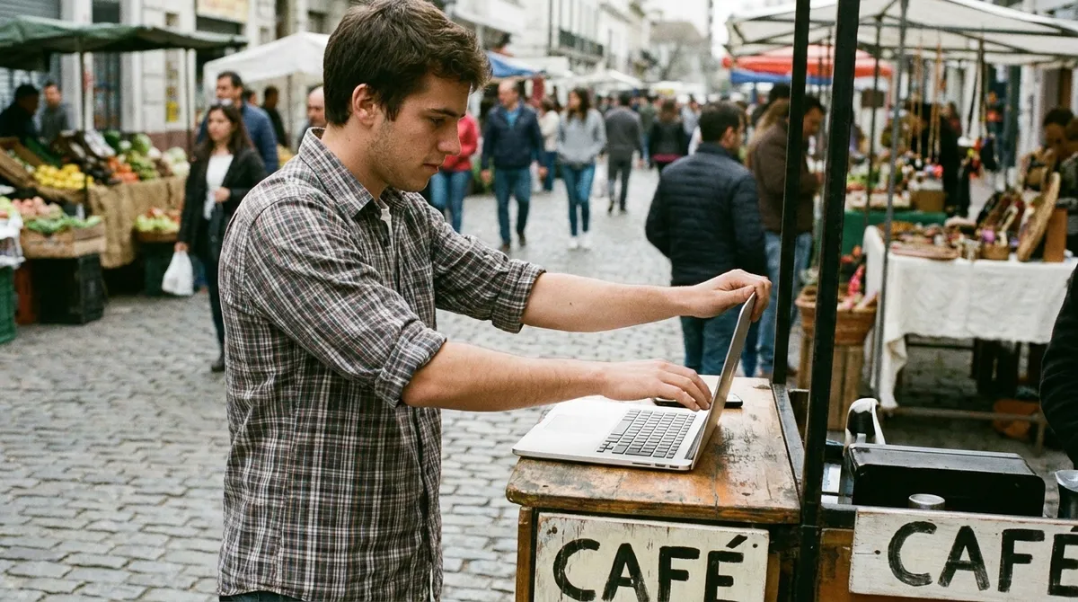 Joven con un carro de café armando su sitio en la laptop en una feria