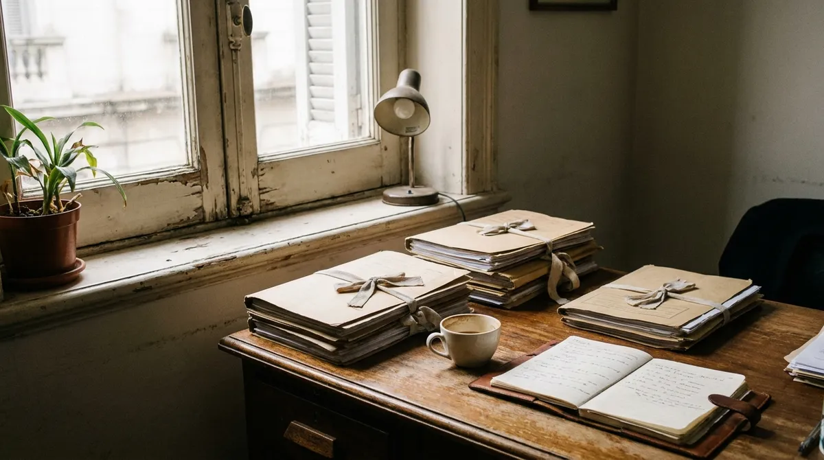Escritorio de un estudio jurídico en Ciudad Vieja con carpetas y un cuaderno