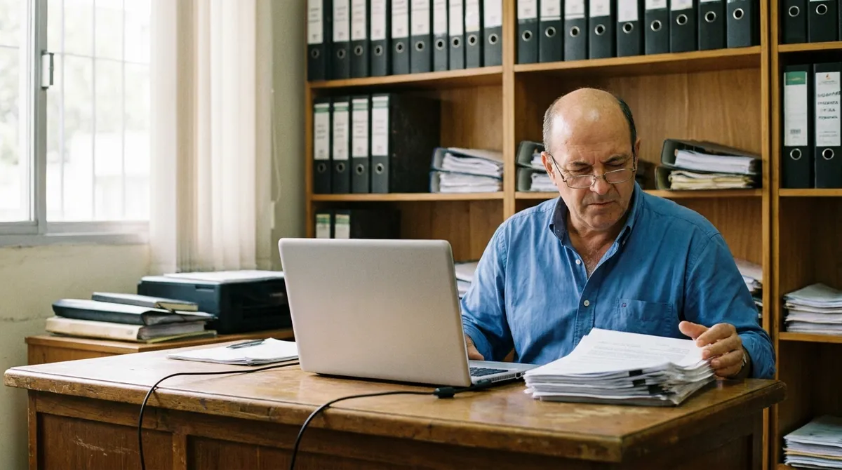 Contador revisando documentos en su escritorio