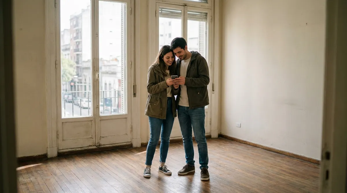Pareja joven mirando una propiedad en el celular dentro de un apartamento vacío
