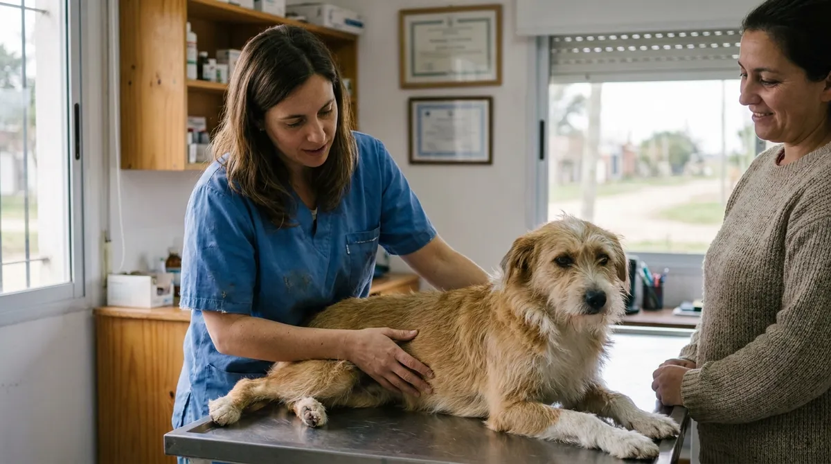 Veterinaria revisando a un perro en la camilla junto a su dueño