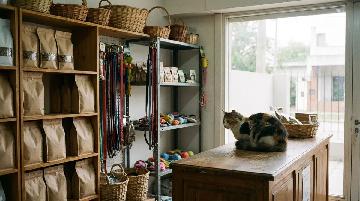 Estanterías de un pet shop dentro de una veterinaria con un gato en el mostrador