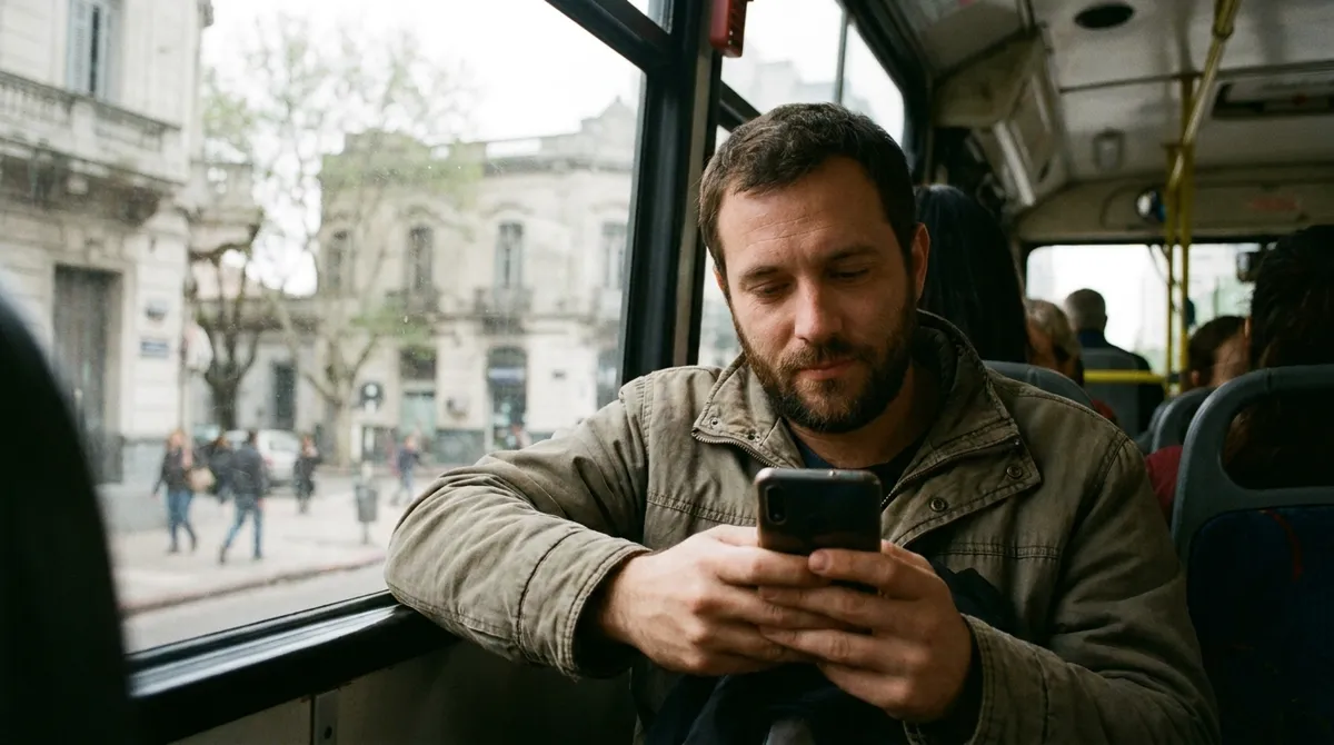 Pasajero en un ómnibus de Montevideo mirando una web en el celular