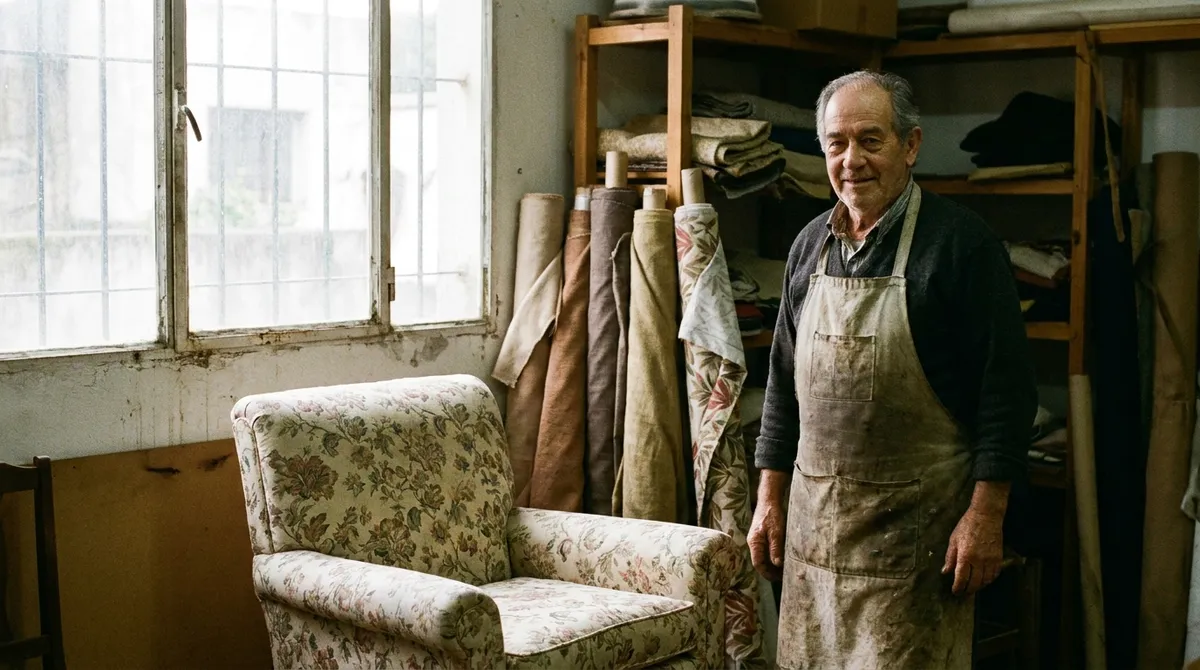 Tapicero junto a un sillón terminado en su taller