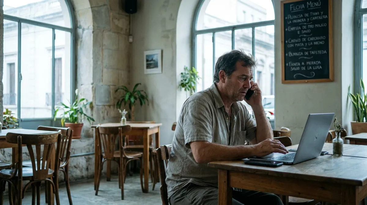Dueño de un restaurante hablando por teléfono frente a la laptop antes de abrir