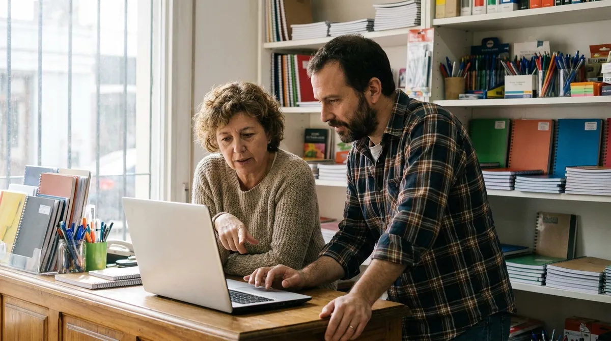 Madre e hijo conversando en el mostrador de su papelería con una laptop