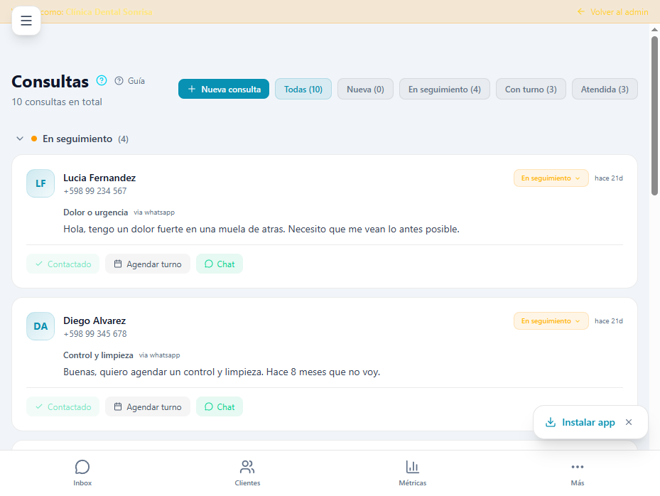 Panel de Kyvro para clínica dental mostrando agenda, consultas y métricas del día