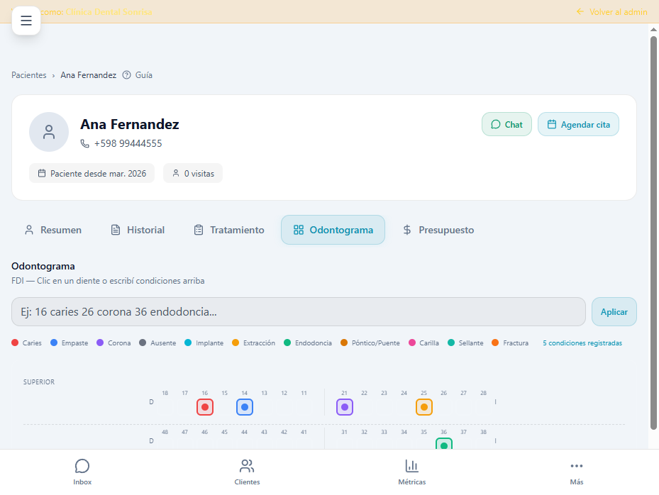 Ficha de paciente dental con odontograma FDI mostrando condiciones por diente